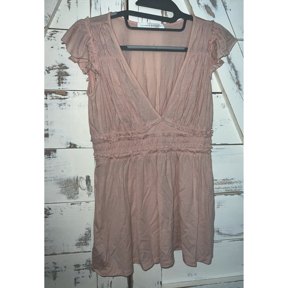 Susana Monaco Blush Pink Fit Flare V Neck Wool Ruffle Bottom Top Size Medium